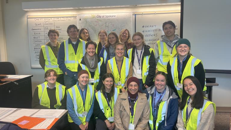 students in reflective vests