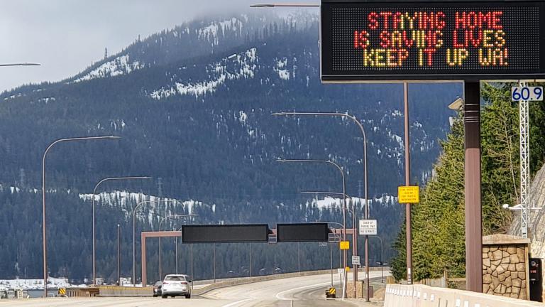 A traffic sign on Interstate 5 near the Snoqualmie pass. 